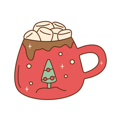 Hot cocoa in a red christmas mug topped with marshmallows. Perfect for holiday design and seasonal joy.