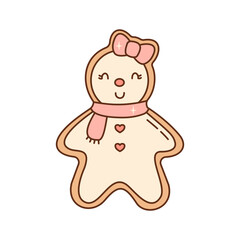 Gingerbread man cookie decorated with pink bow and scarf. A cute and smiling christmas character.