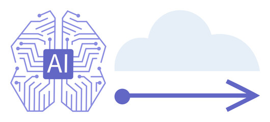 Neural network with circuitry pattern and AI label connected to cloud by arrow. Ideal for artificial intelligence, cloud computing, data storage, connectivity, technology integration, innovation