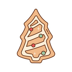 Gingerbread cookie shaped like a christmas tree decorated with icing and colorful sprinkles. Holiday sweet.