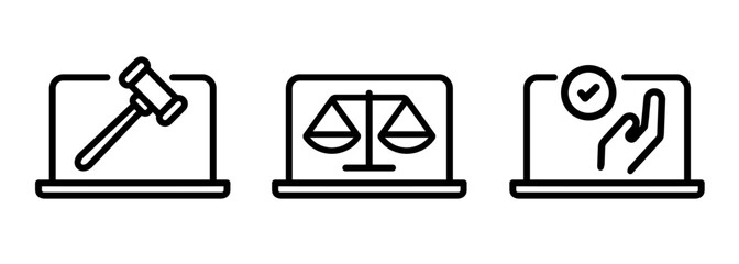 Icon of of legal tech digital law online justice and cybersecurity regulation intersection of law and technology laptop with gavel balance scale concepts