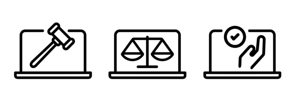 Icon of of legal tech digital law online justice and cybersecurity regulation intersection of law and technology laptop with gavel balance scale concepts