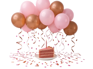 Pink and rose gold balloons with slice of cake and confetti isolated on a transparent background