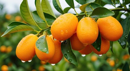 Kumquat fruits on a tree branch with water droplets.