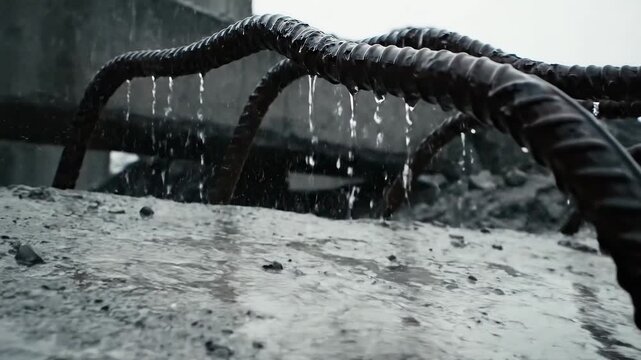 Rainwater dripping down rusted steel bars on concrete structure
