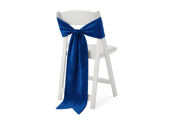 White wedding chair with blue velvet bow decoration