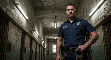 A police officer standing in a prison cell with a gun and handcuffs.