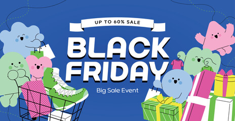 파란색 블랙프라이데이 캐릭터 일러스트 안내