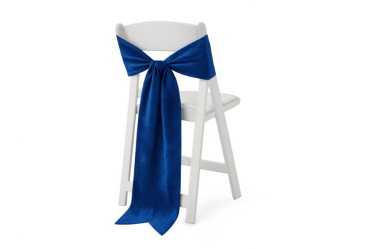 White wedding chair with blue velvet bow decoration
