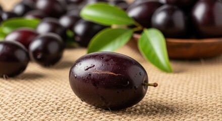 A single black plum on a rustic wooden table with green leaves in the background.