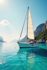 Serene Sailboat at Anchor in Turquoise Bay Warm Sunlight, Gentle Rocking, Calm Waters, Perfect Relaxation