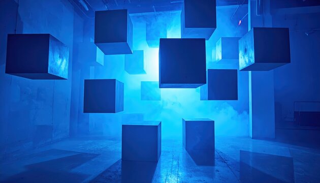Suspended illuminated cubic structures float in a  with a cool-toned color palette, surrounded by a diffused blue light and atmospheric mist, creating a futuristic and abstract atmosphere.