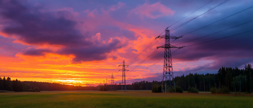 Sunset over a green field with towering electricity pylons and power lines stretching across a forested horizon under a vibrant purple and orange sky