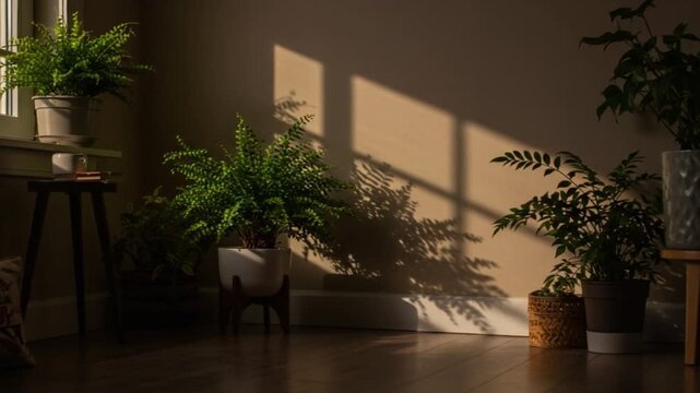 Sunlight streams through window casting shadows on indoor plants.