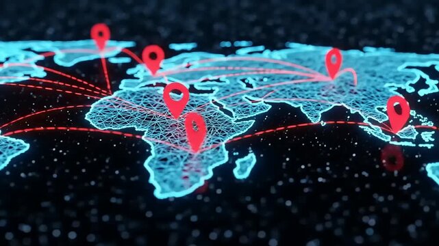 Digital world map with glowing connections, highlighting global networking and data flow
