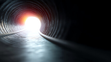 View from inside a dark tunnel with light at the end, showing two cables running along the floor towards the bright exit, symbolizing hope or progress