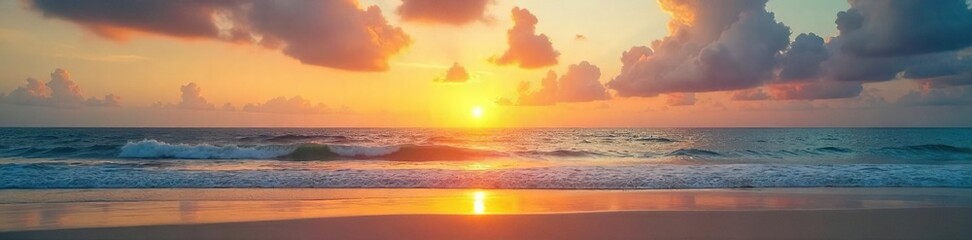 Breathtaking Sunset Seascape Serene Beach at Golden Hour, Calm Ocean Waves Meeting Sandy Shore, Perfect for Travel and Relaxation