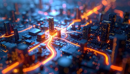 Futuristic illustration showcasing a detailed circuit board, depicting glowing orange pathways weaving between miniature cityscape skyscrapers, buildings, and electronic components with a blurred,...