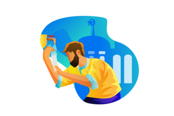 Muslim Man Performing Ablution with Water Before Praying with a Mosque Silhouette Against an Abstract Blue and White Transparent Background Illustration