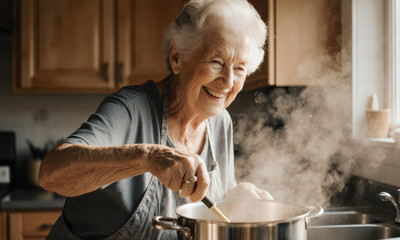 Joyful elderly woman cooking in a steamy kitchen