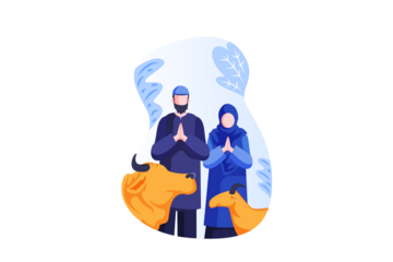 Muslim Couple in Dark Blue Traditional Clothing Praying with Brown Cows Illustration with Transparent Background for Eid al Adha Celebration