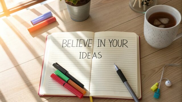 Inspirational Workspace with Notebook and Colorful Pens Promoting Creativity and Self-Belief in Ideas