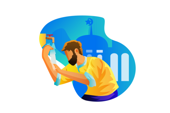 Muslim Man Performing Ablution with Water Before Praying with a Mosque Silhouette Against an Abstract Blue and White Transparent Background Illustration