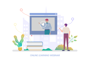 Online Learning Webinar Concept Illustration with Video Screen and Cityscape Building Background in Transparent Background