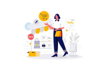 Online Shopping Experience Woman Interacting with Digital Interface Presenting Product Display and Order Icon in Transparent Backdrop