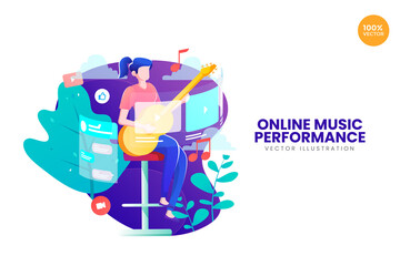 Online Music Performance Vector Illustration with Woman Playing String Instrument on Stool Surrounded by Plants and Screens Against White Background
