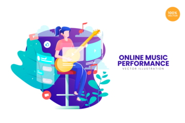 Online Music Performance Vector Illustration with Woman Playing String Instrument on Stool Surrounded by Plants and Screens Against White Background