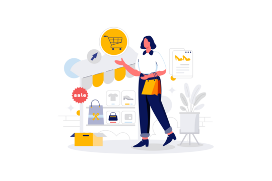 Online Shopping Experience Woman Interacting with Digital Interface Presenting Product Display and Order Icon in Transparent Backdrop