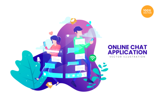 Online Chat Application Illustration with Man and Woman Using Smartphones Against a Purple and White Gradient Background