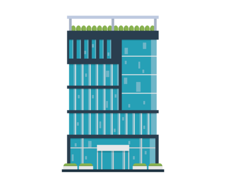 Modern Office Building with Glass Windows and Roof Garden on Transparent Background