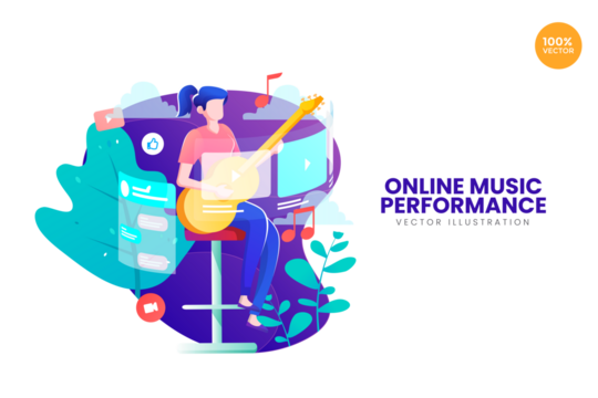 Online Music Performance Vector Illustration with Woman Playing String Instrument on Stool Surrounded by Plants and Screens Against White Background