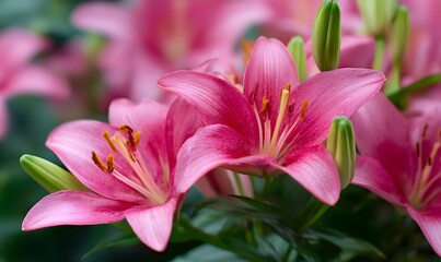 Naklejka premium vibrant pink lilies in full bloom, showcasing delicate petals