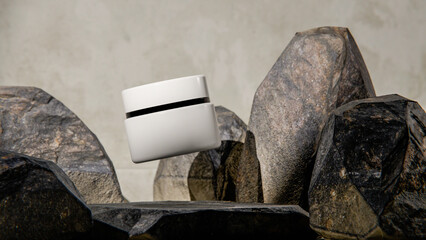 Elegant 3D render of a floating white cosmetic jar among natural stones. Minimalistic product mockup design for skincare, beauty branding, or luxury cosmetic presentation visuals.