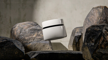 Elegant 3D render of a floating white cosmetic jar among natural stones. Minimalistic product mockup design for skincare, beauty branding, or luxury cosmetic presentation visuals.