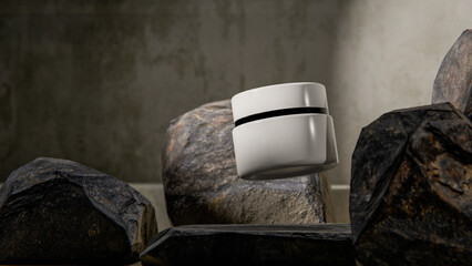 Elegant 3D render of a floating white cosmetic jar among natural stones. Minimalistic product mockup design for skincare, beauty branding, or luxury cosmetic presentation visuals.