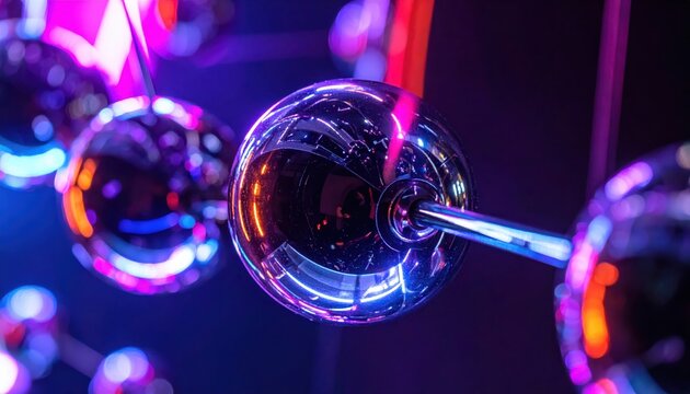 Dazzling spheres connected by metallic rods emit vibrant neon light, creating a dynamic and abstract composition against a dark background, showcasing reflective surfaces with glowing accents in a...