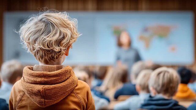 Young Pupil in Class: A young pupil intently watches the world map during an engaging lesson in a classroom, filled with a sense of curiosity, focus, and potential. 