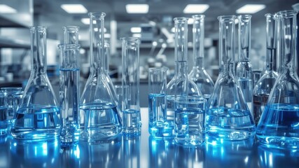 laboratory glassware containing blue liquid