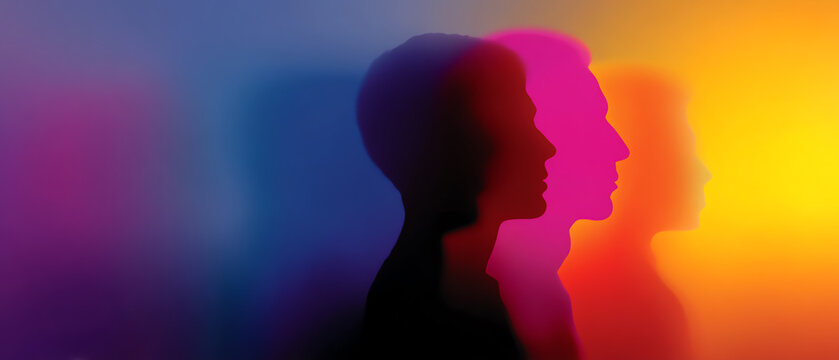 Silhouettes of a person's profile overlap in vibrant gradient colors, transitioning from deep blue to bright orange, creating a surreal and artistic visual effect