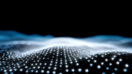 Abstract digital wave landscape with glowing white dots connected by lines on a dark background, resembling a futuristic technology or data network visualization
