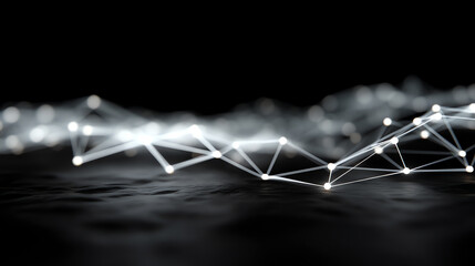 Abstract network of glowing white nodes connected by lines on a dark, blurred background, representing digital connections or data flow in a futuristic style