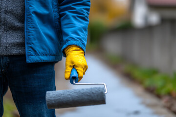 Person wearing a blue jacket and yellow gloves holding a paint roller with gray paint, standing outdoors on a blurred walkway background