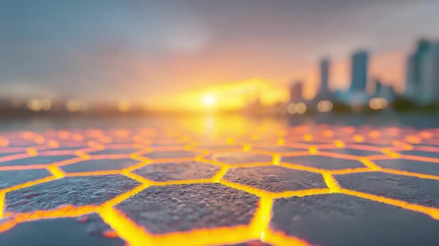 Illuminated Cityscape: A breathtaking sunset casts an ethereal glow upon a cityscape, the intricate pattern of an artificial, glowing surface leads the eye towards the distant skyline.