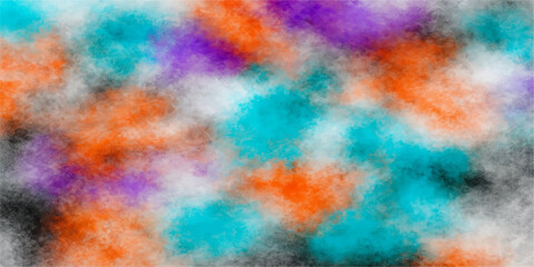 Abstract watercolor background texture with vibrant orange, yellow, and blue paint, reminiscent of fire, smoke, and colorful clouds on paper