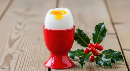 Softboiled egg in a red egg cup with holly and berries, on a wooden table, christmas theme