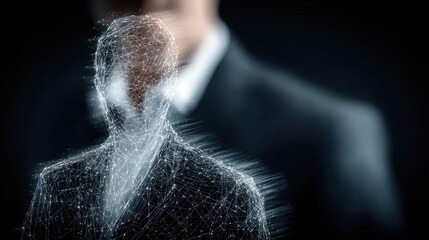 Man in suit surrounded by a complex network of lines representing adaptive identity network adjustment in design